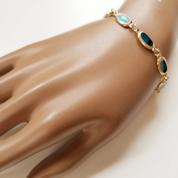 Vintage Blue Green Abalone Shell Gold Tone - Picture 3 of 3